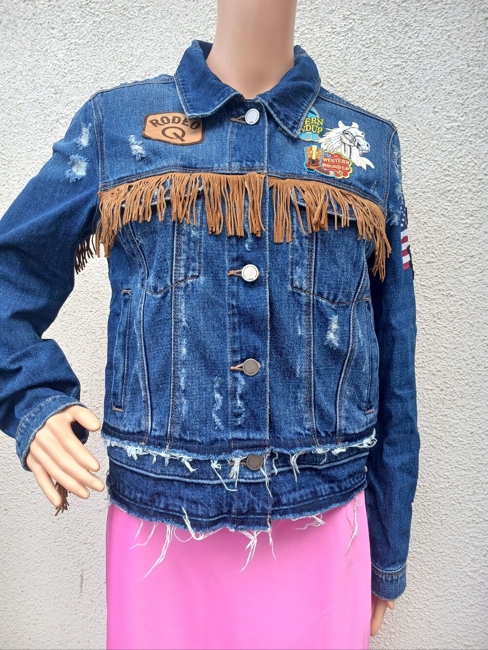 JBD Custom Upcycled Western Fringe Denim Jacket - Distressed Rodeo Boho Cowgirl